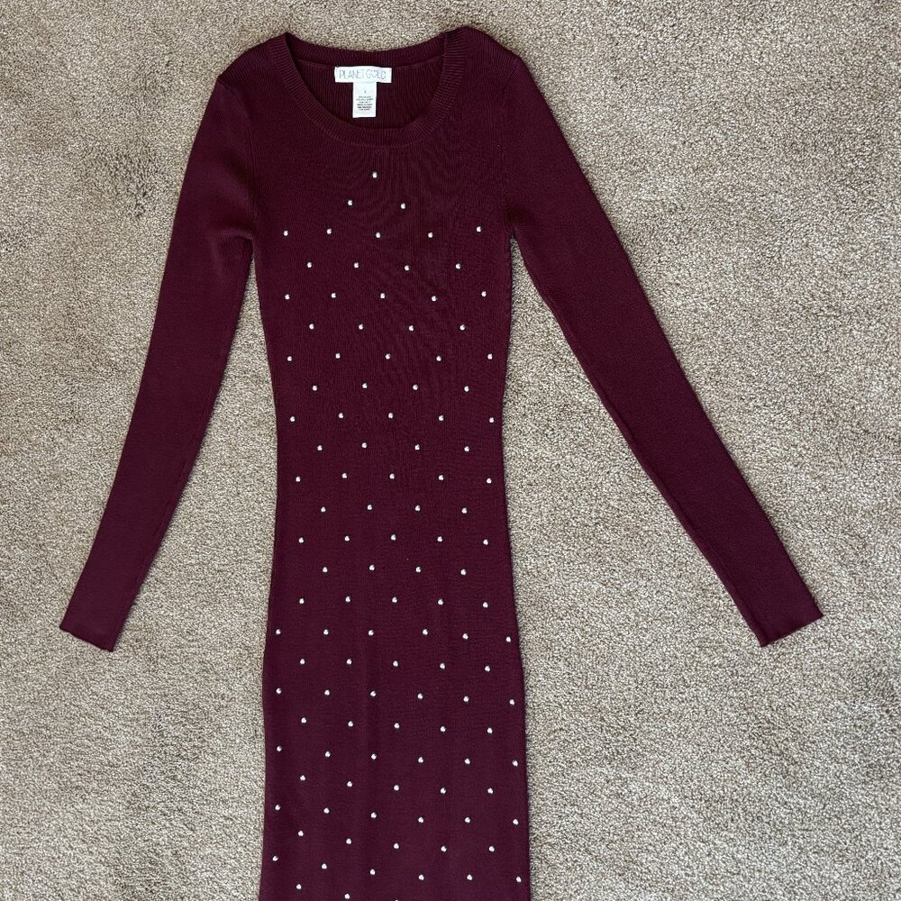 NWOT WOMEN’S PLANET GOLD LONG SLEEVE BURGUNDY KNIT MAXI DRESS – SIZE SMALL